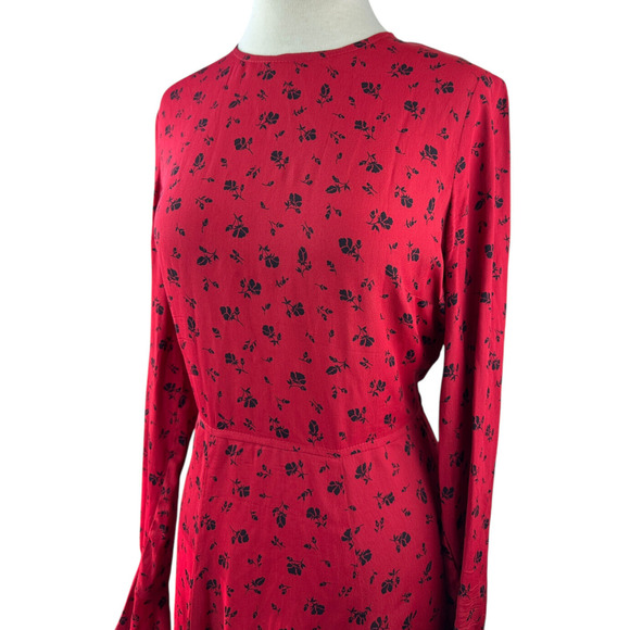Reformation Red & Black Floral Print Mini Dress Bell Sleeve Ruffle Women's Large - Picture 5 of 16